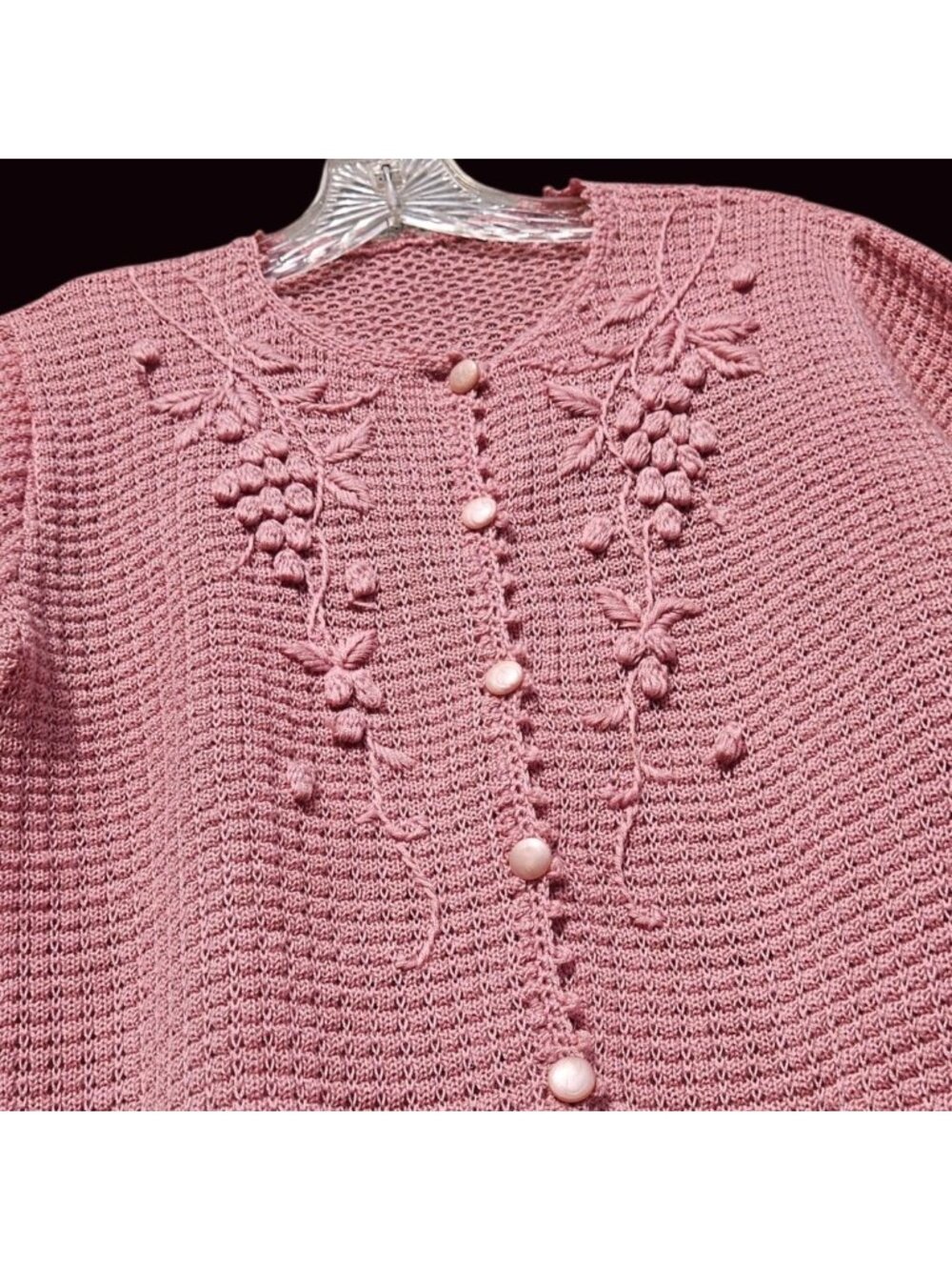 Vintage 70s Japanese Pastel Pink Lace Knit Floral Cardigan Top M Sakura Flowers - Picture 9 of 11